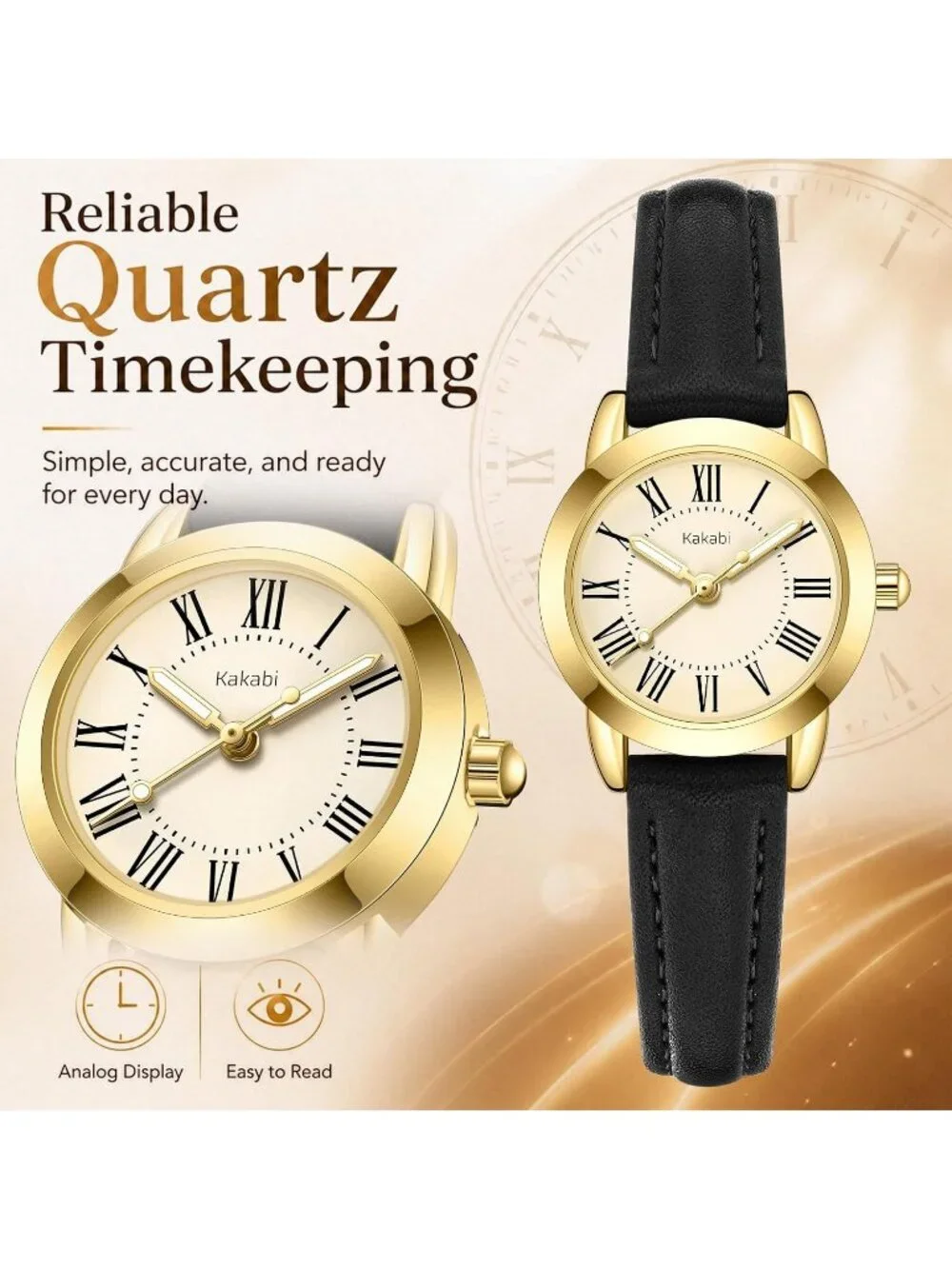 Women's Black Gold Vintage Analog Slim Leather Strap Quartz Movement Wristwatch